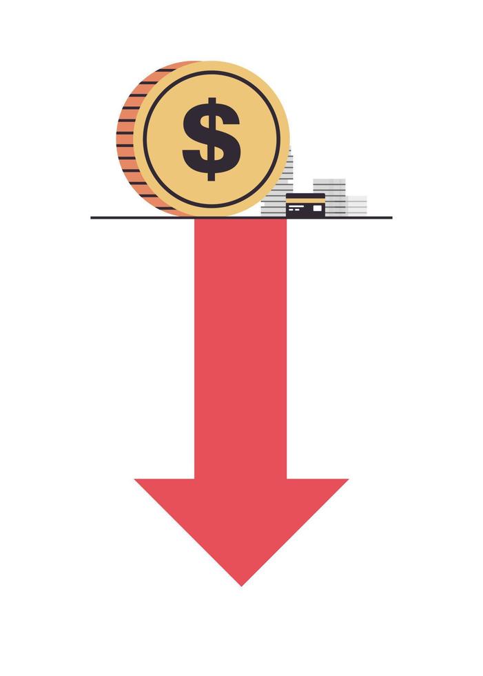 Dollar sign falling down and financial crisis bankruptcy with downward red arrow recession concept flat vector illustration.