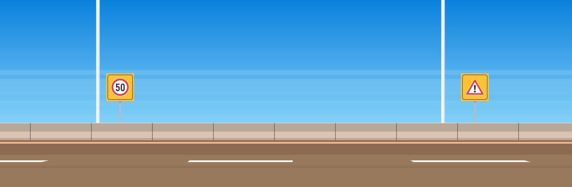 Highway asphalt road and city road outdoor with traffic signs design flat vector illustration.