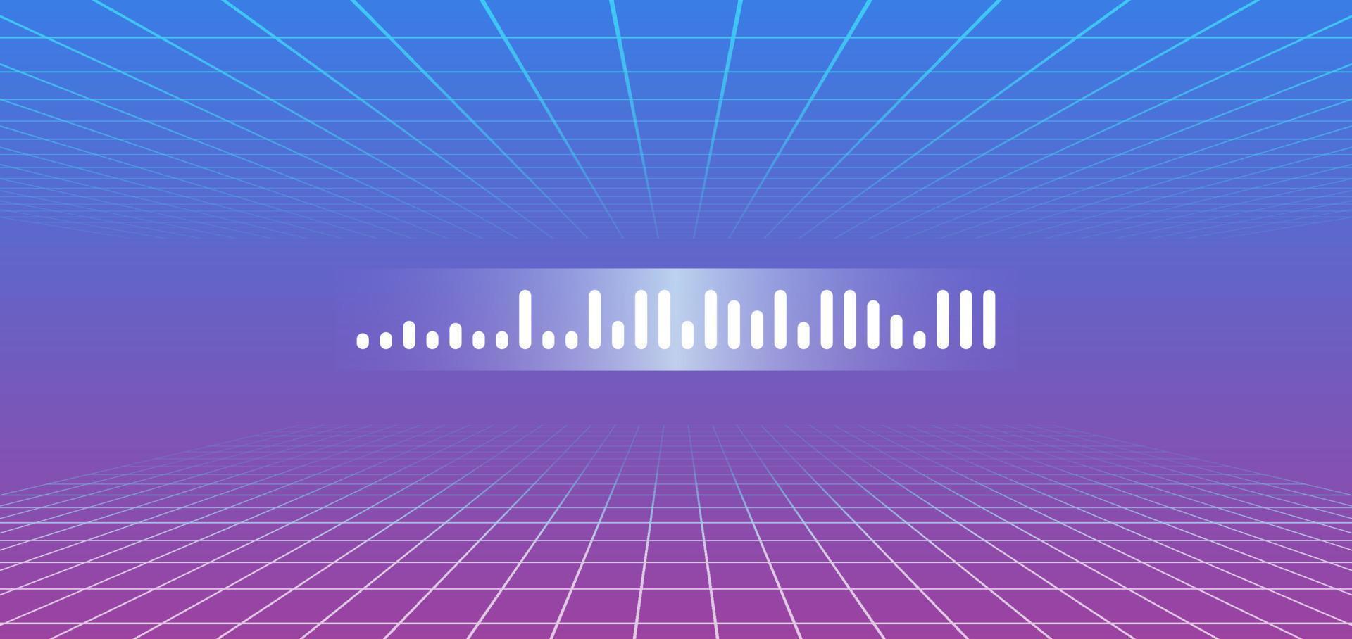 Virtual reality technology and sound wave on blue purple futuristic background flat vector illustration.