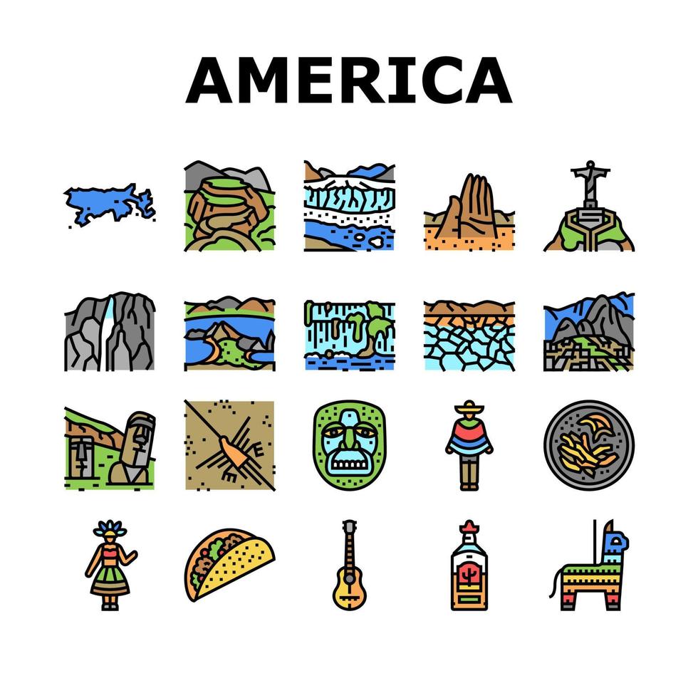 conjunto de iconos de scape y tradición de américa del sur vector