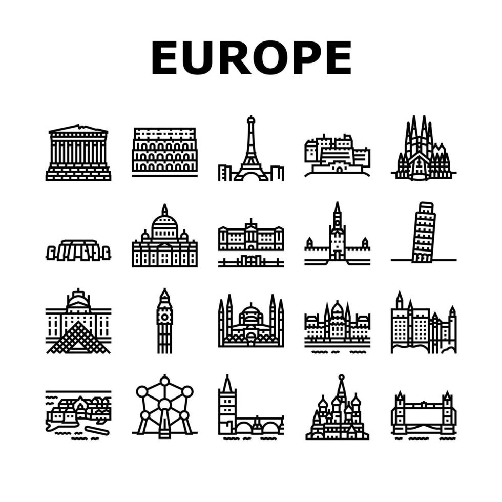 conjunto de iconos de construcción de monumentos de europa vector