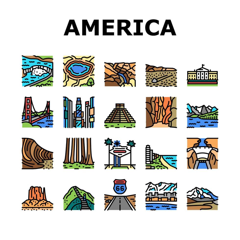 North America Famous Landscape Icons Set Vector