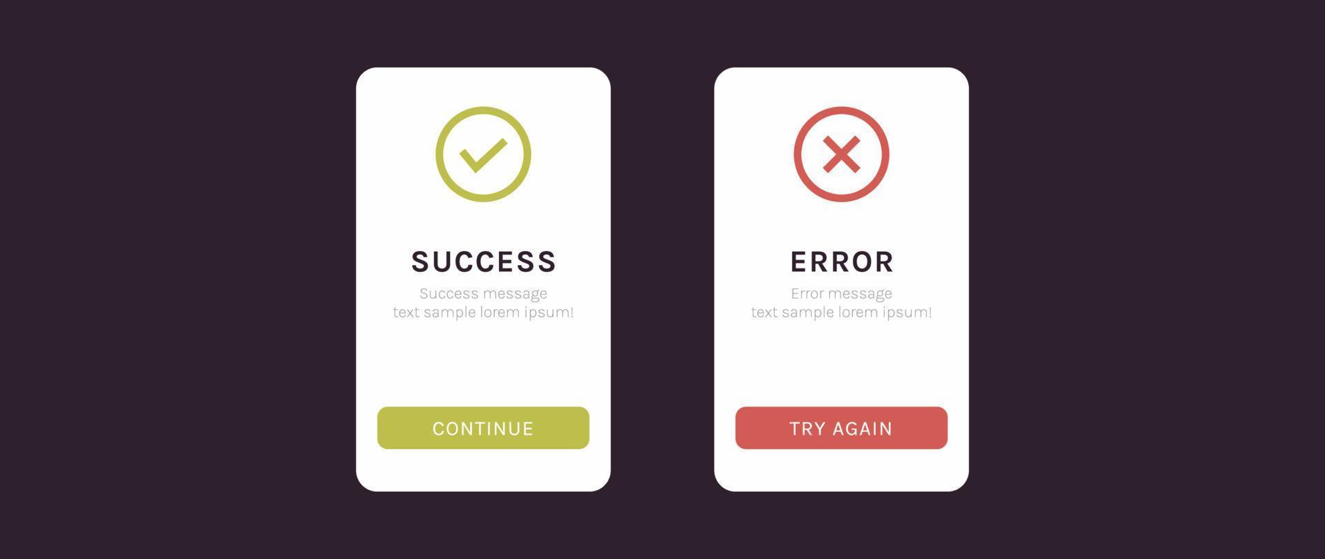 Success and error message ui screen and approved and rejected ux web elements flat vector illustration.