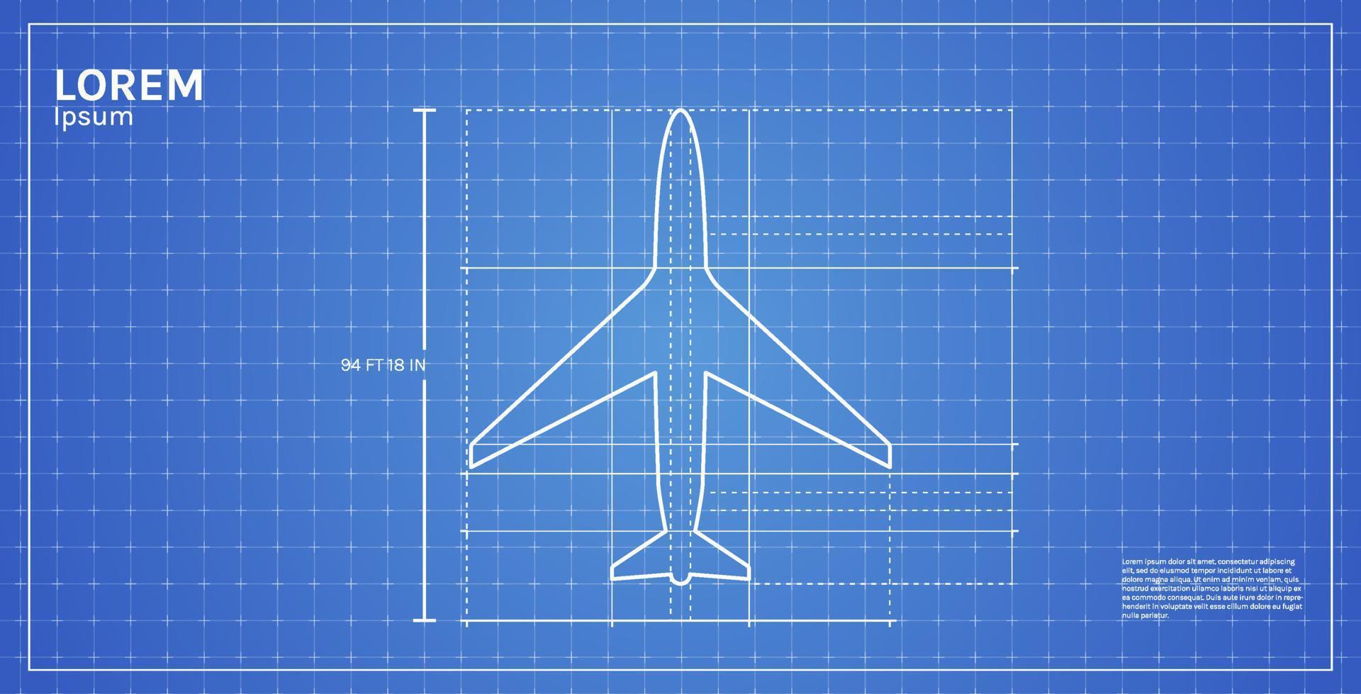 Aviation industrial dimensioned drawing blueprint and outline airpline top side view technical drawing flat vector illustration.