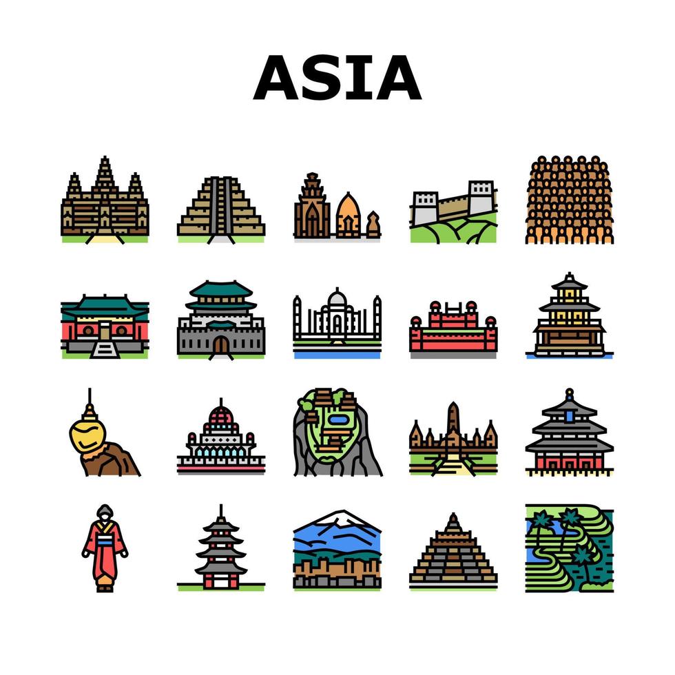 Asia Building And Land Scape Icons Set Vector