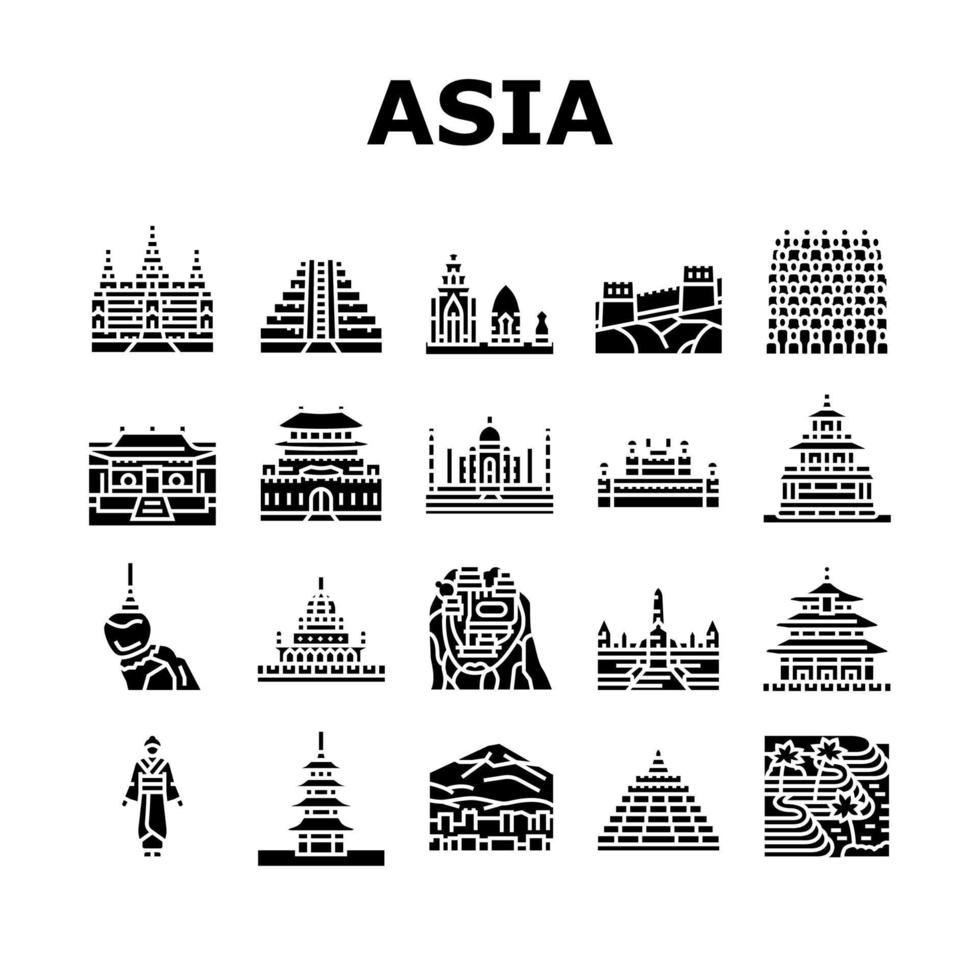 asia, edificio, y, paisaje, iconos, conjunto, vector