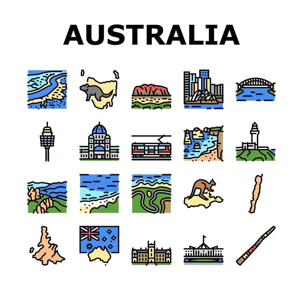 australia continente paisaje iconos conjunto vector