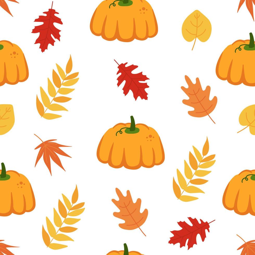 Vector seamless pattern with autumn leaves and pumpkins. Autumn background. Hand drawn botany texture. Perfect for wrap paper, wallpaper, background and seasonal textile.