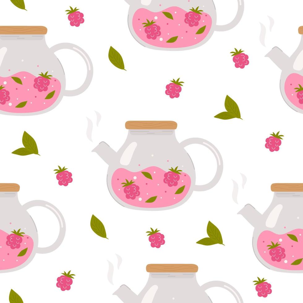 Glass teapot with raspberry on white background. Tea shop, cafe-bar menu, tea party, beverages concept. Vector illustration. Poster, banner, card, cover, menu, postcard