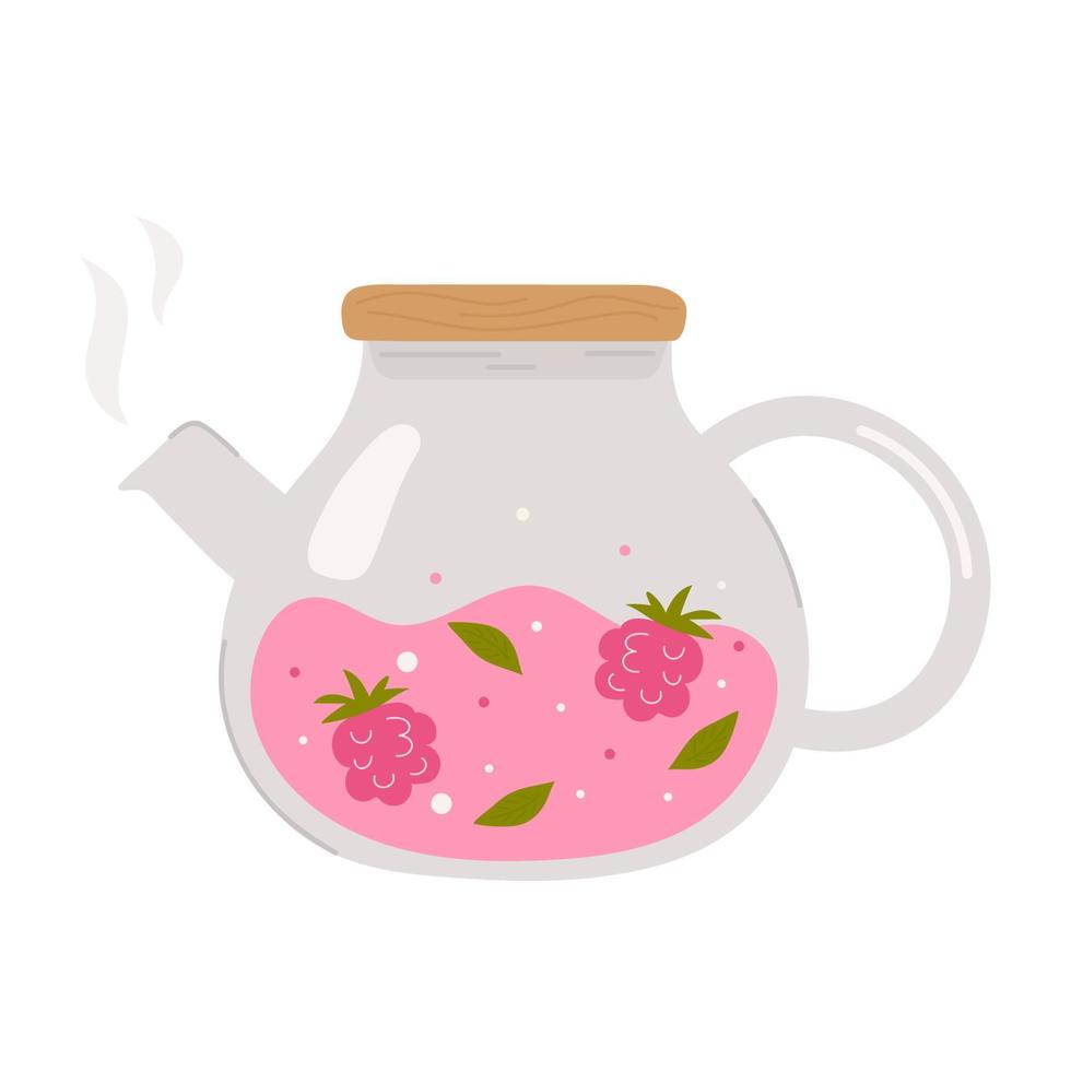 Glass teapot with raspberries on white background. Tea shop, cafe-bar menu, tea party, beverages concept. Vector illustration. Poster, banner, card, cover, menu, postcard