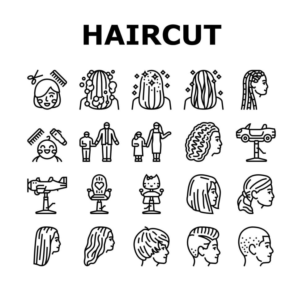 vector de conjunto de iconos de servicio de salón de corte de pelo para niños