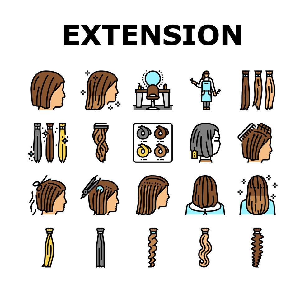 conjunto de iconos de procedimiento de salón de extensión de cabello vector