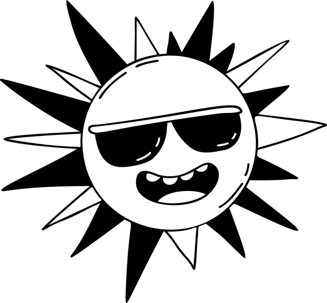 Funny cartoon character sun with glasses. Vector illustration. Linear hand drawn doodle