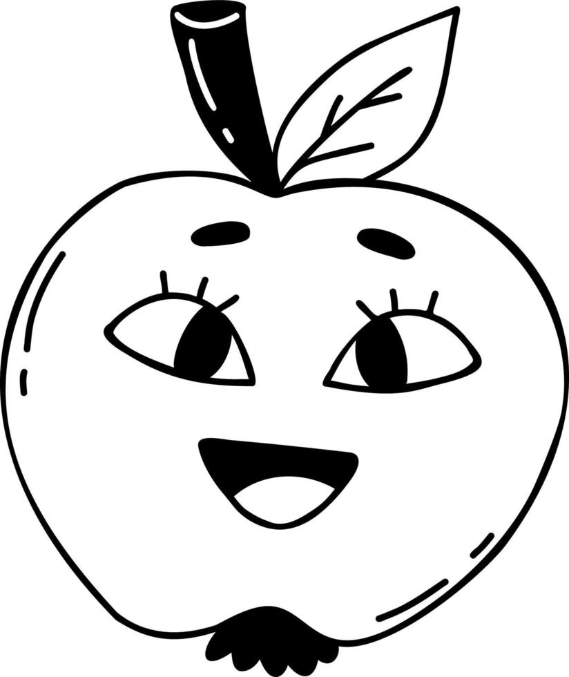 Funny cartoon character apple. Vector illustration. Linear hand drawn doodle