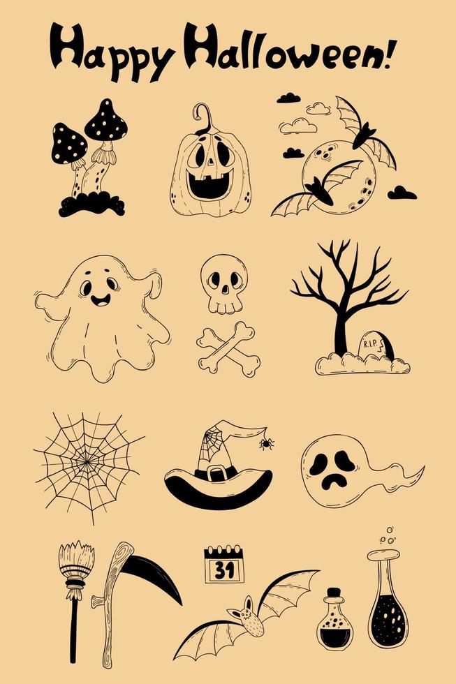 Halloween set. Jack pumpkin, ghost, bat and web, grave, skull, meter and scythe, potion, and magical fly agaric. Vector linear hand drawn doodle. Isolated elements for decor, design and decoration.