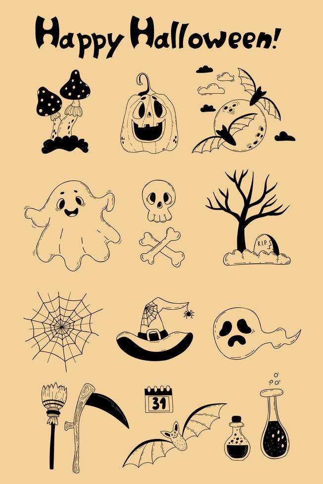 conjunto de halloween calabaza, fantasma, murciélago y telaraña, tumba, calavera, metro y guadaña, poción y agárico de mosca mágico. garabato dibujado a mano lineal vectorial. elementos aislados para decoración, diseño y decoración. vector