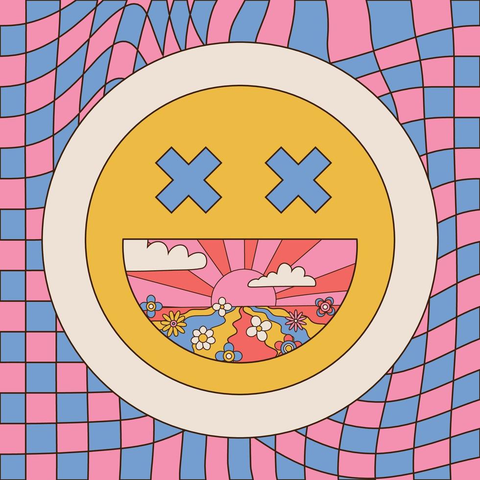 Card with big smile face and groovy landscape in open mouth. Vector cartoon linear illustration. Smiley face with trippy lsd acid print for t-shirt, poster, sticker