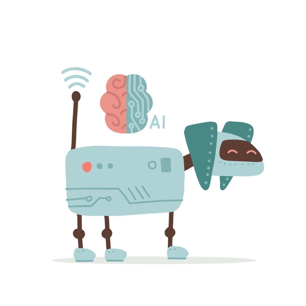 AI dog robot with mechanism. Robotic electronic pet, robot puppy, modern kids toy isolated element. Digital technology, innovation and artificial intelligence. Vector flat hand drawn illustration.