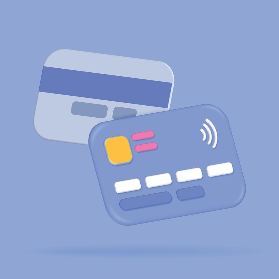 3D Bank Card - front and back view. Render Credit Card with Chip Icon. Business Finance, Online Shopping and Banking Concept. Cashless Payment. Financial Transactions. Vector Illustration