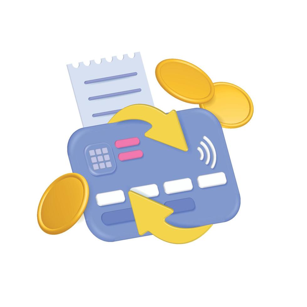 3D cashback money refund concept with credit card, coins, bill receipt, arrows. Online payment and money saving concept on credit card. Business payment transfer. Vector isolated illustration