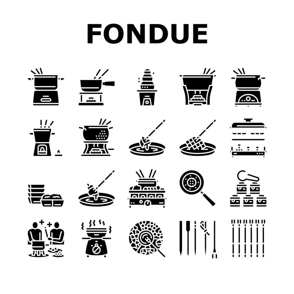 Fondue Cooking Delicious Meal Icons Set Vector