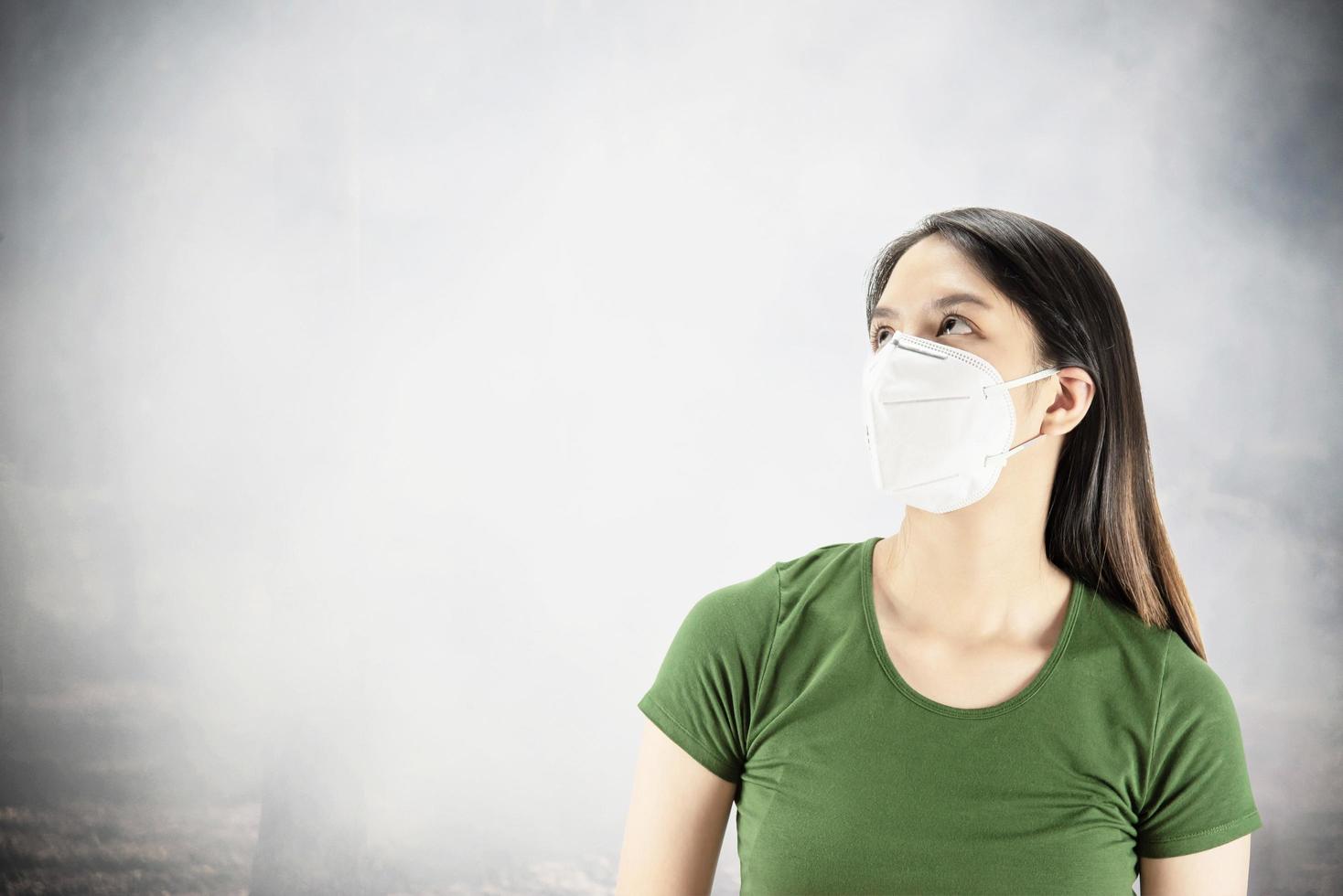 Young lady wearing mask protect fine dust in air pollution environment - people with protection equipment for air pollution concept photo