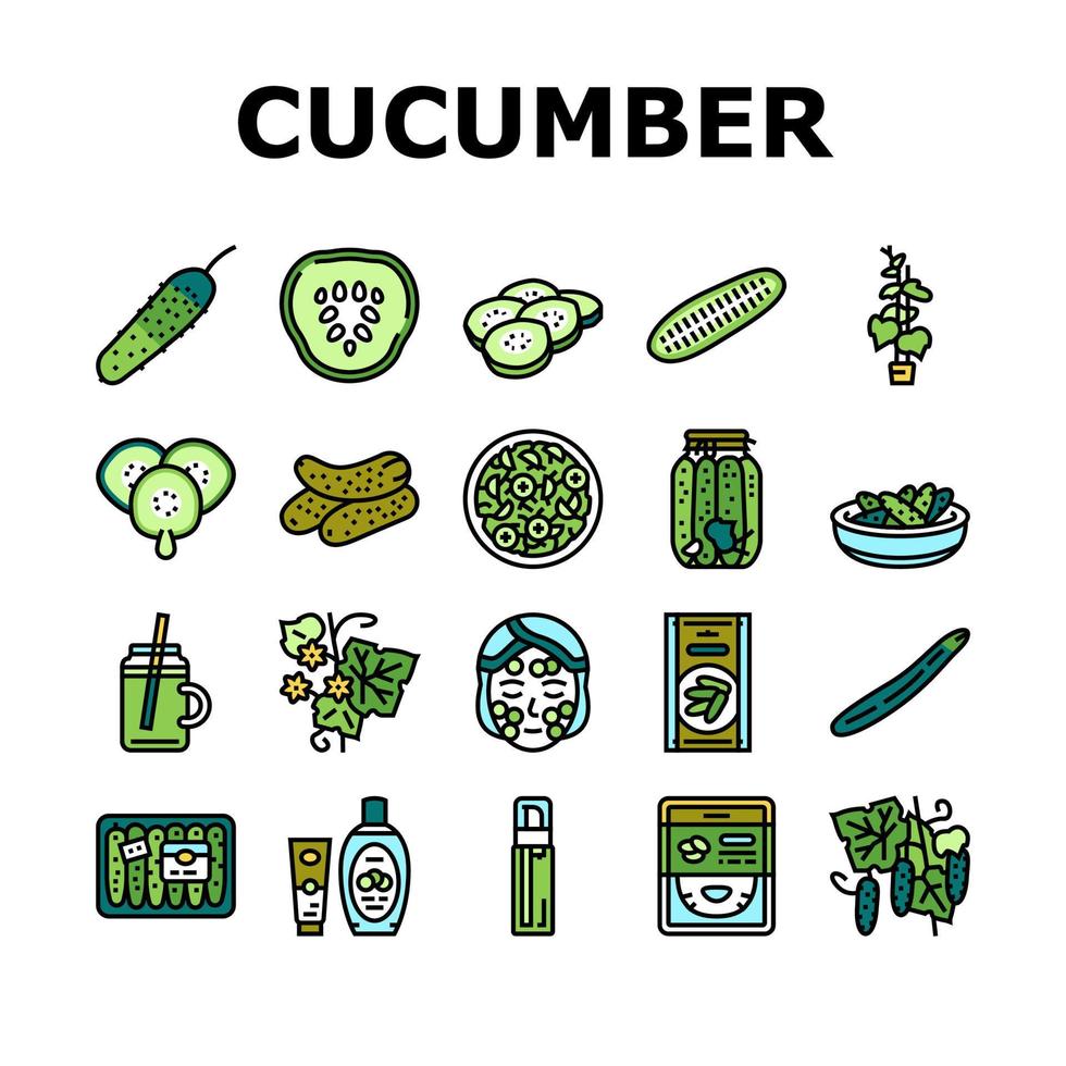 Cucumber Natural Bio Vegetable Icons Set Vector