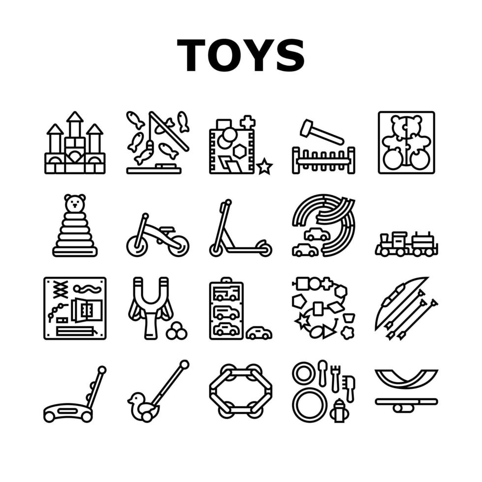 Wooden Toy For Children Play Time Icons Set Vector