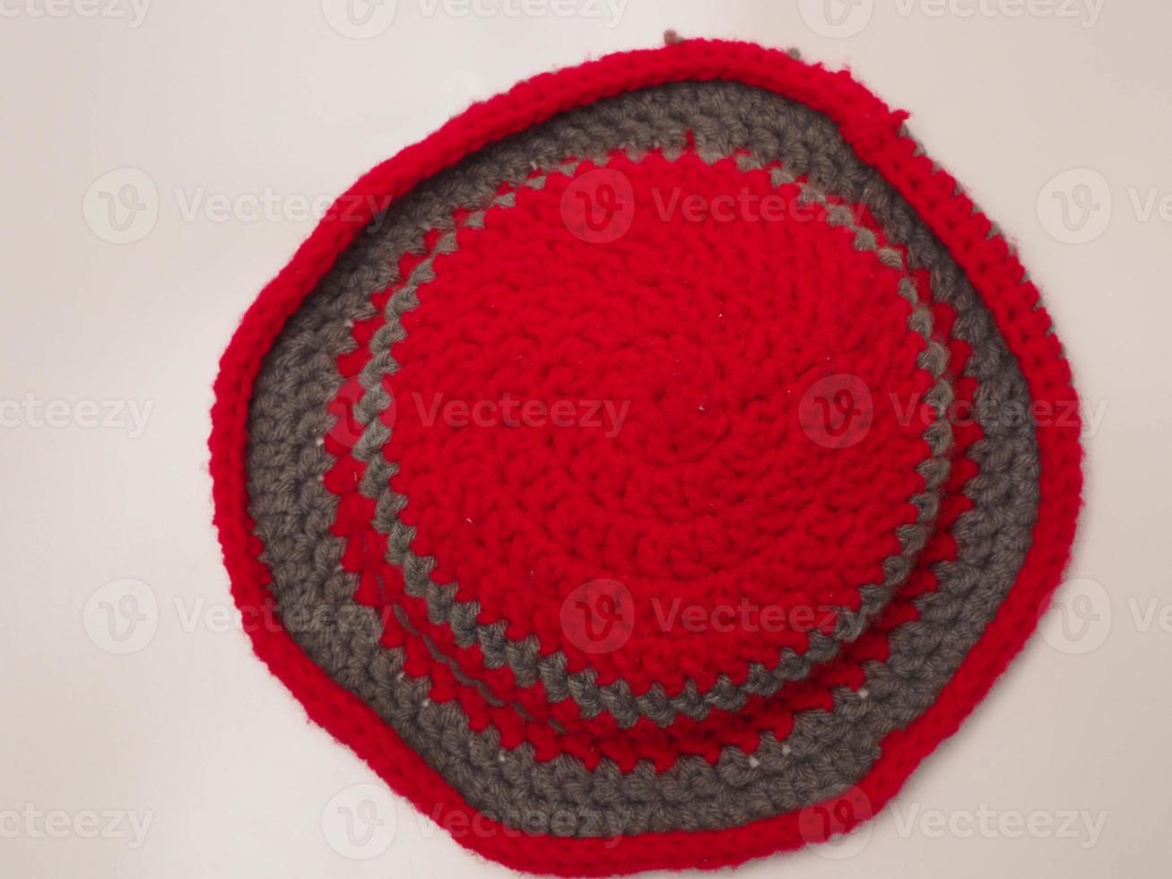 Picture of red color with grey stripes crochet hat photo