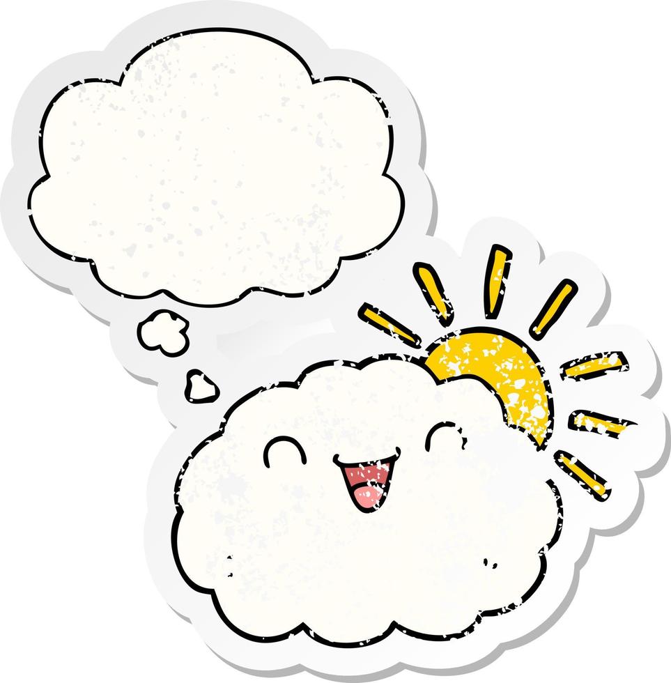 happy cartoon cloud and thought bubble as a distressed worn sticker vector