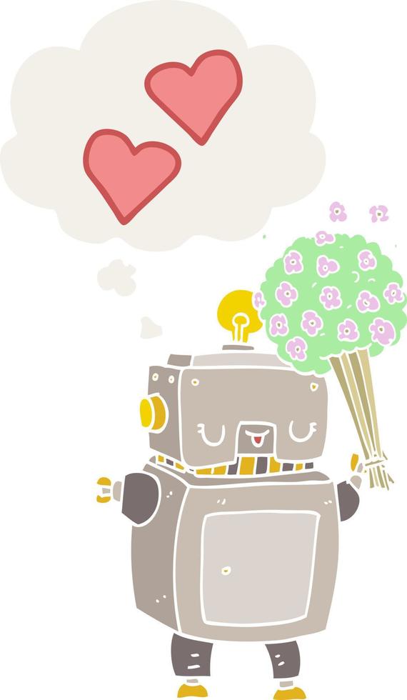 cartoon robot in love and thought bubble in retro style vector