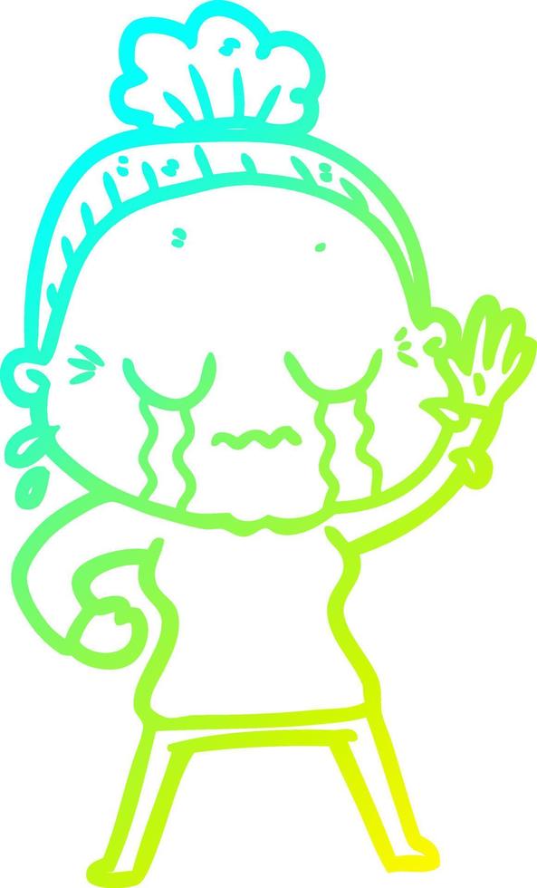cold gradient line drawing cartoon old woman crying and waving vector