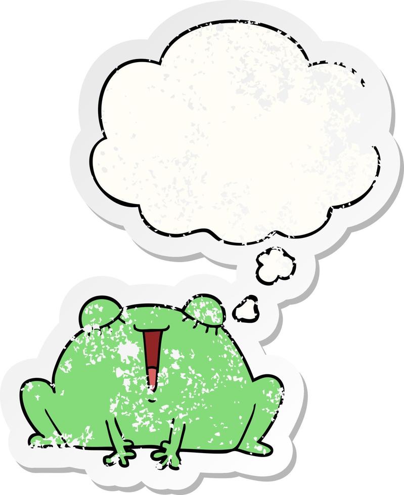 cute cartoon frog and thought bubble as a distressed worn sticker vector