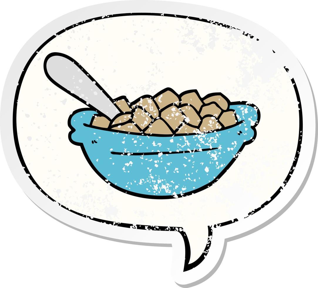 cartoon cereal bowl and speech bubble distressed sticker vector