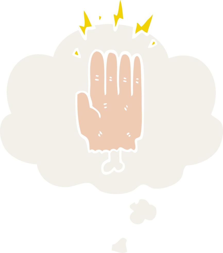 cartoon magic halloween zombie hand and thought bubble in retro style vector