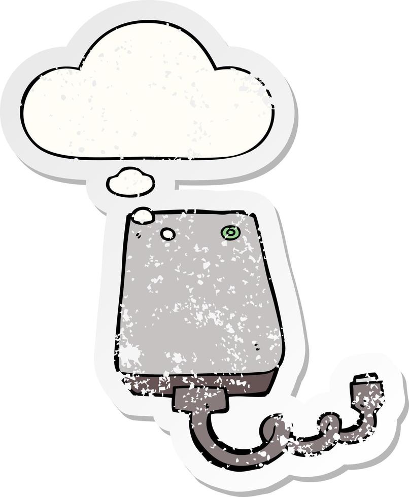 cartoon hard drive and thought bubble as a distressed worn sticker vector