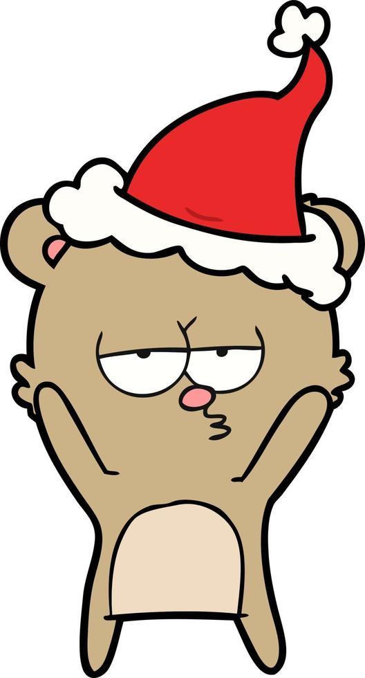 bored bear line drawing of a wearing santa hat vector