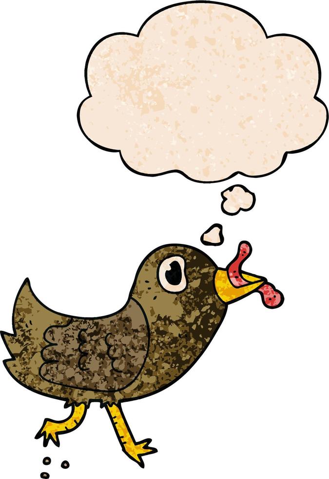 cartoon bird with worm and thought bubble in grunge texture pattern style vector