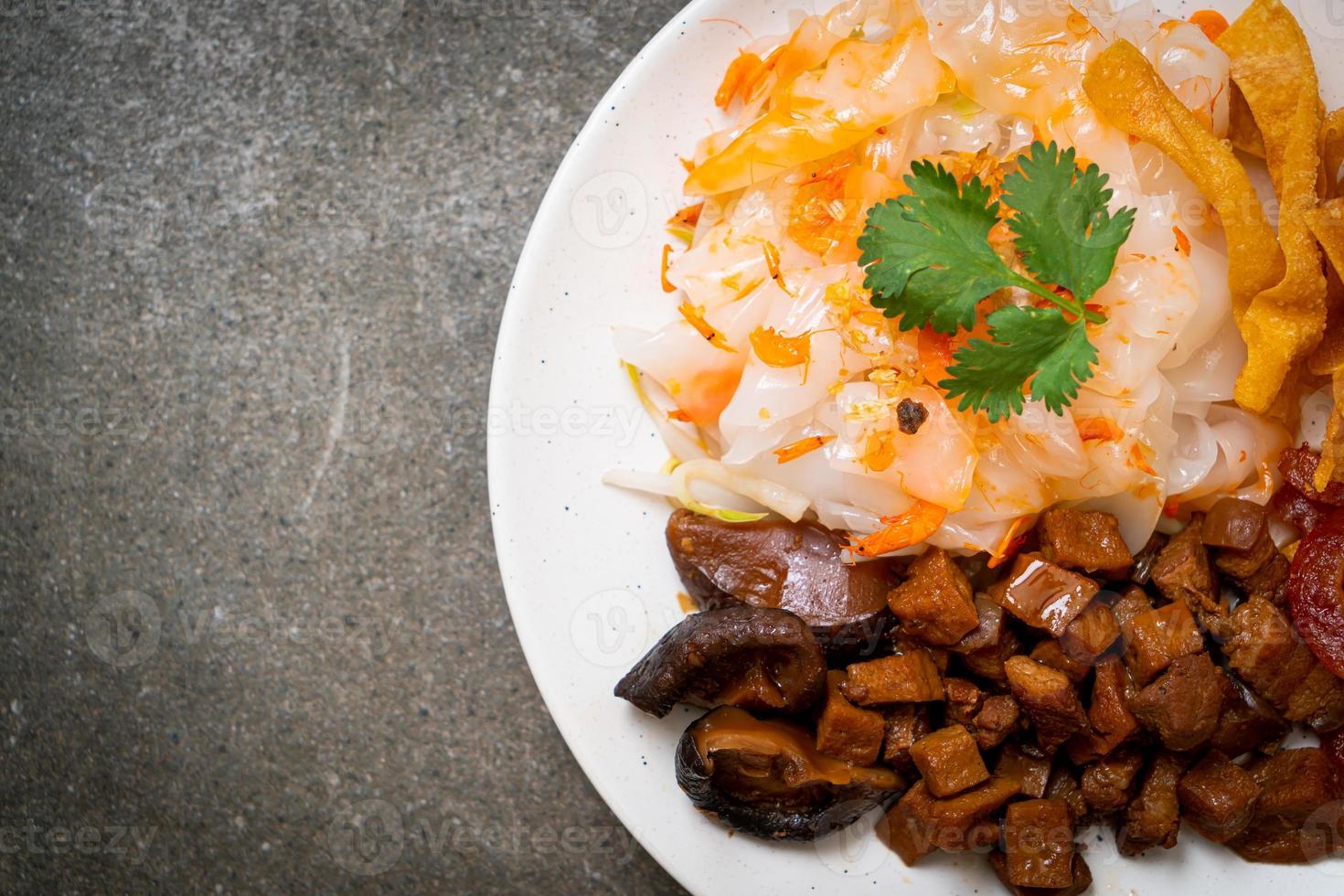 Chinese steamed rice noodle with pork and tofu in sweet soy sauce photo