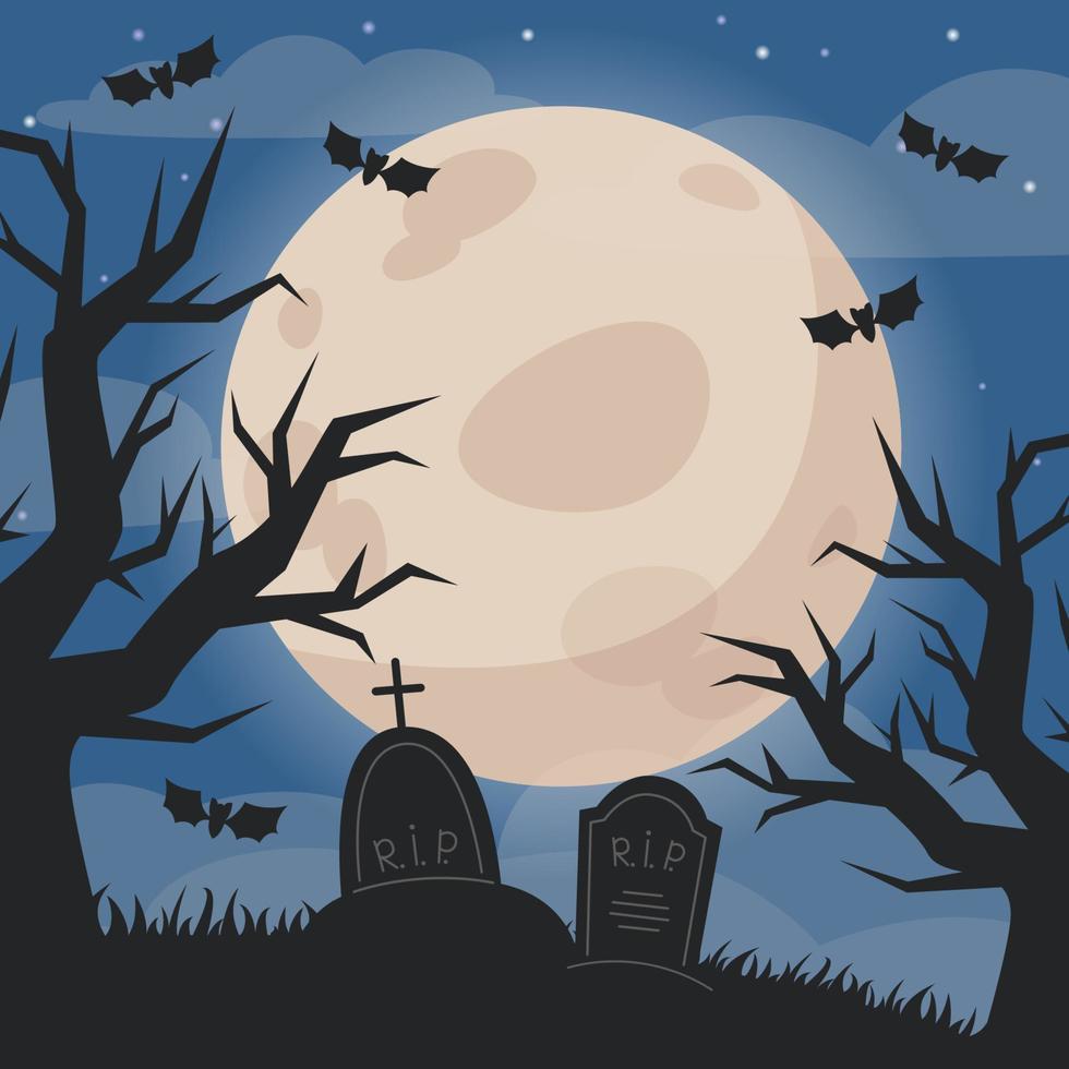 Halloween night landscape illustration with cemetery and full moon vector