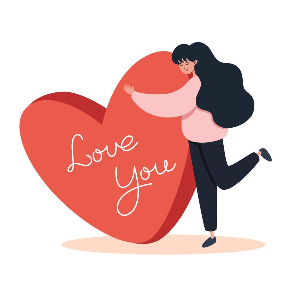 Woman hugs big heart, valentine's day card in flat style vector