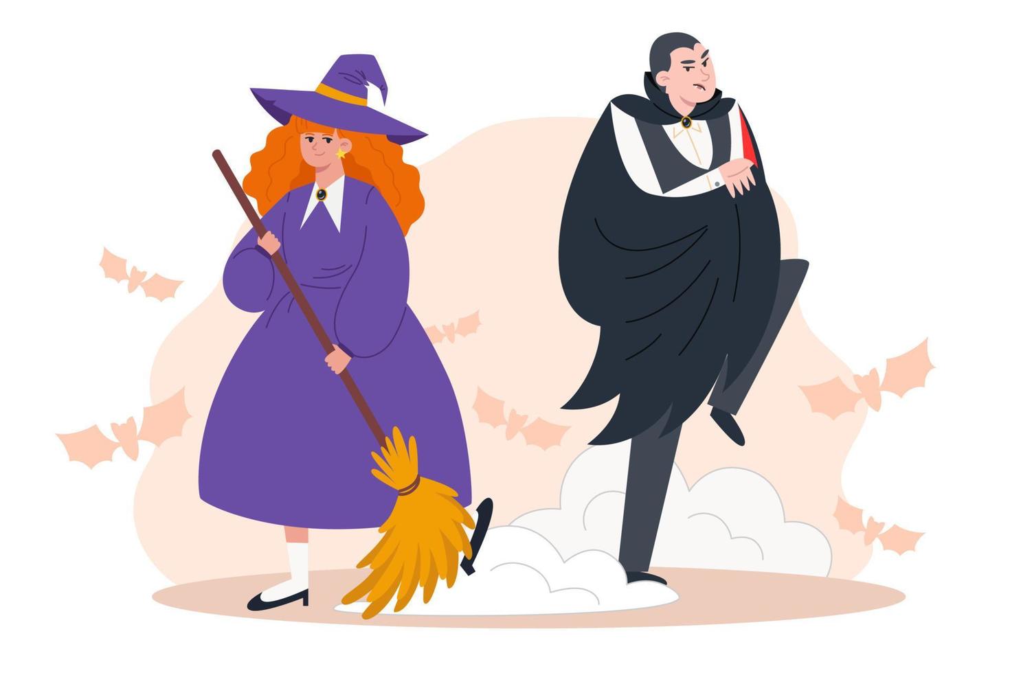 Witch with a broom sweeping the floor and a vampire vector