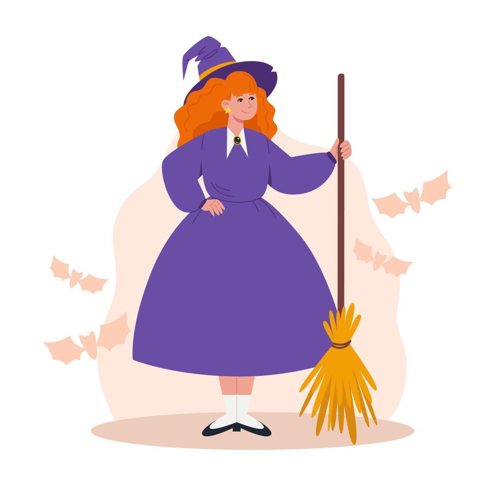 Witch holds a broom in her hand, Halloween character isolated element vector