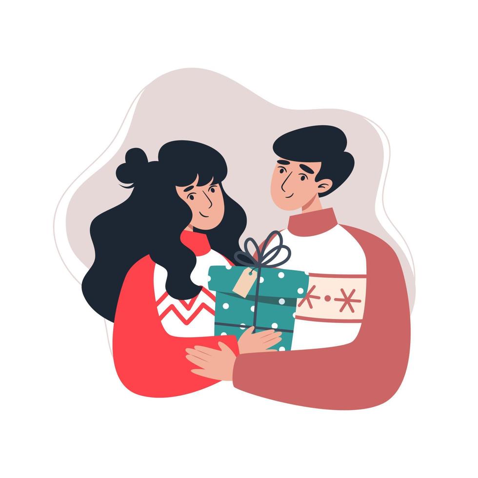 Young family holding a gift, vector illustration in flat style