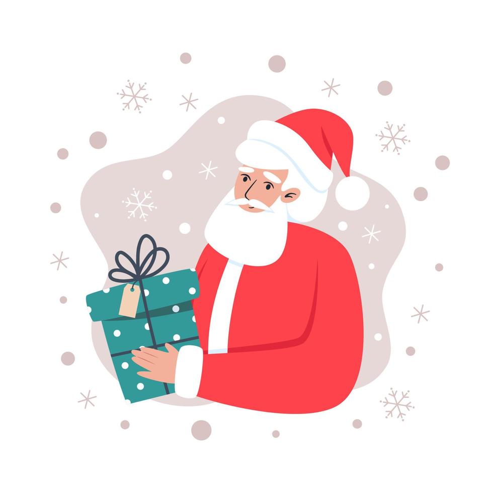 Santa Claus with gift, vector illustration in flat style