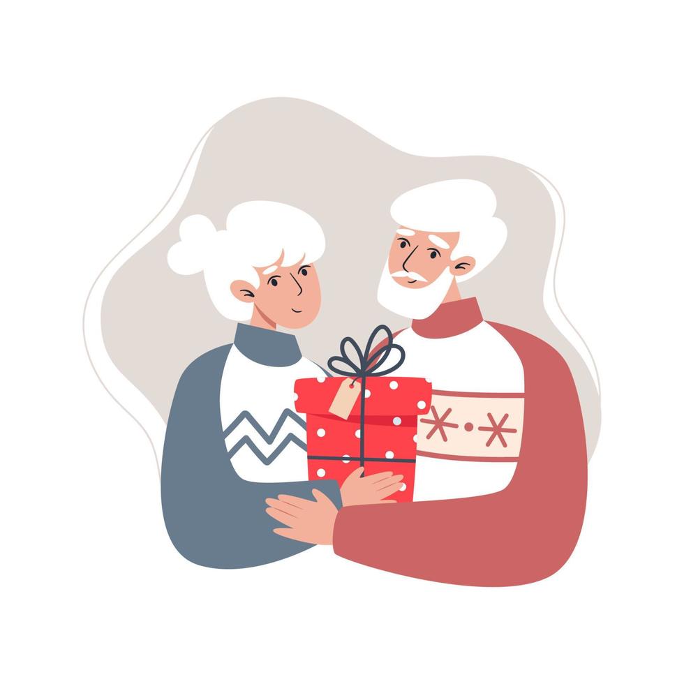 Grandpa and Grandma holding a gift vector