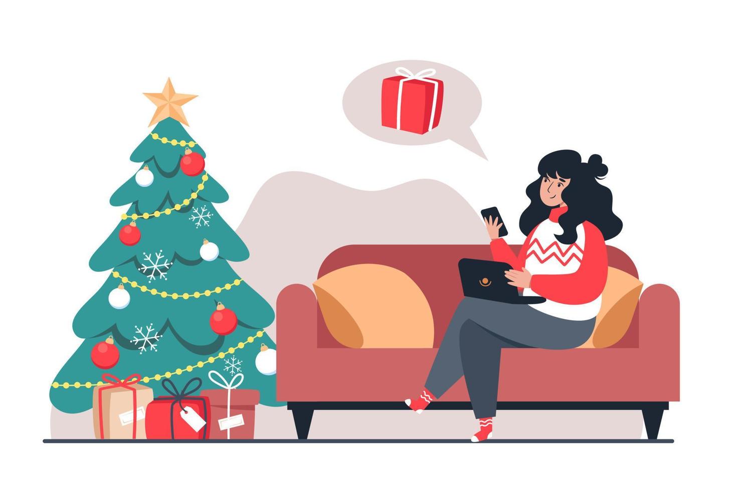 Woman buys Christmas gifts online store. New Year's online shopping from home vector