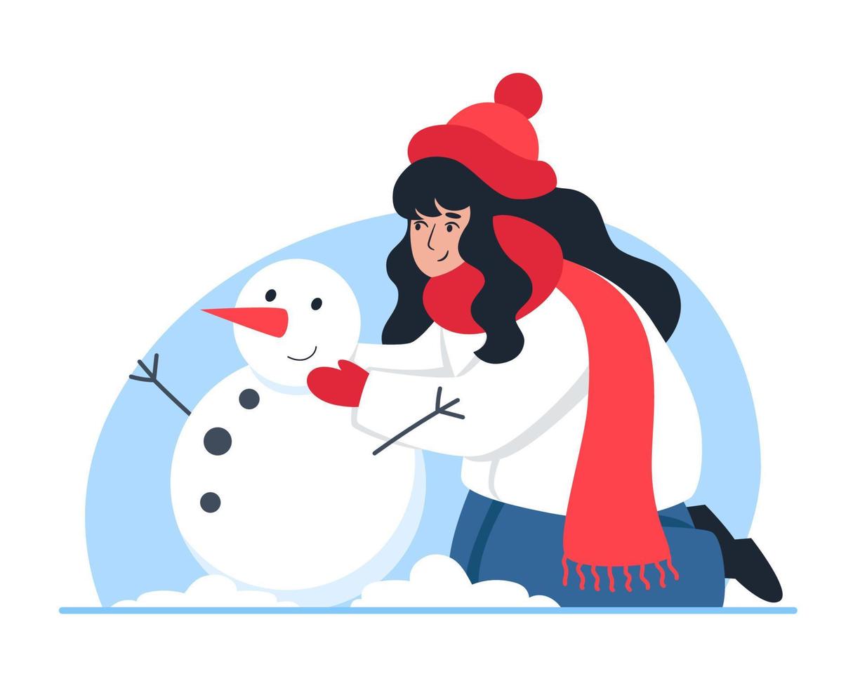 mujer esculpe un muñeco de nieve, caminata de invierno, estado de ánimo navideño vector