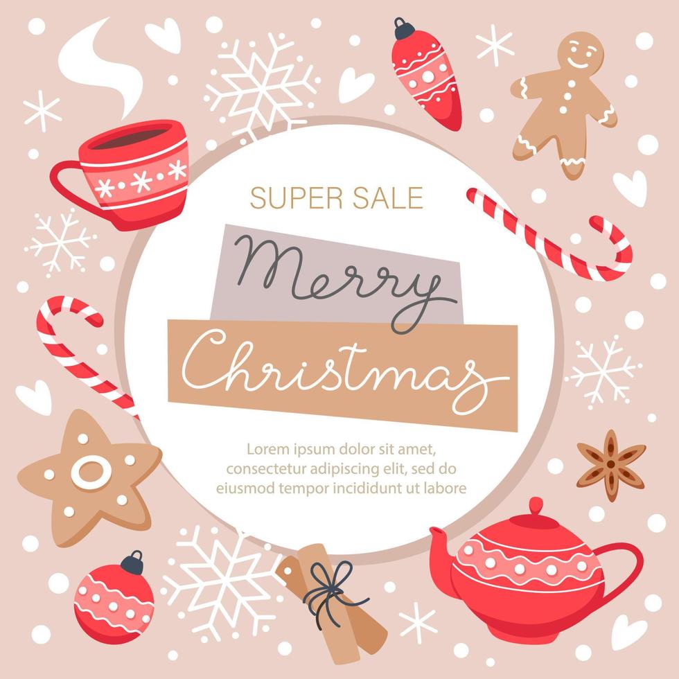 Merry Christmas sale banner with snowflakes, gingerbread cookies, sweets and a hot drink vector