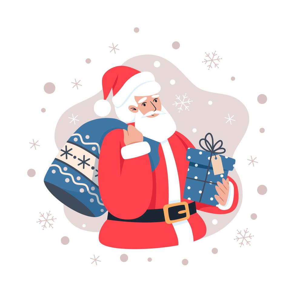 Santa Claus with gift, vector illustration in flat style